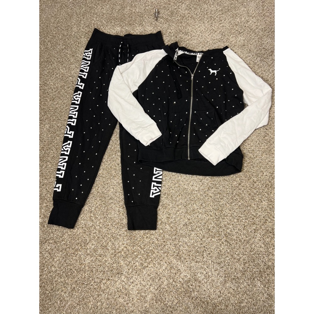 Victoria's Secret PINK Rhinestone Hoodie and Jogger Tracksuit Set Black White